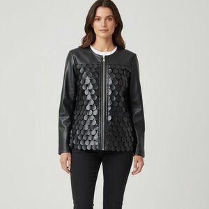 Linea Domani Black Faux Leather Jacket Size 4 | Statement Disc Detail Zip